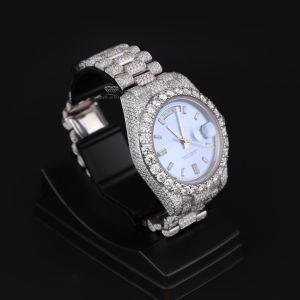 Ice Light Blue Dial Round Case White Tone Iced Diamond Watch