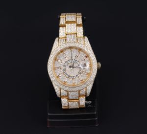 Round Case Yellow Tone Iced Out Moissanite Diamond Watch