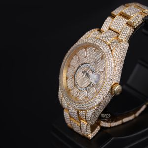 Round Case Yellow Tone Iced Out Moissanite Diamond Watch
