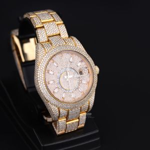 Round Case Yellow Tone Iced Out Moissanite Diamond Watch