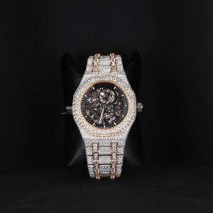 Skeleton Dial Round Case White Yellow Tone Iced Out Moissanite Diamond Watch