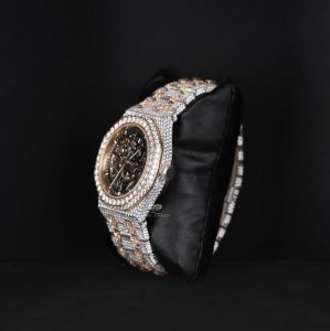 Skeleton Dial Round Case White Yellow Tone Iced Out Moissanite Diamond Watch