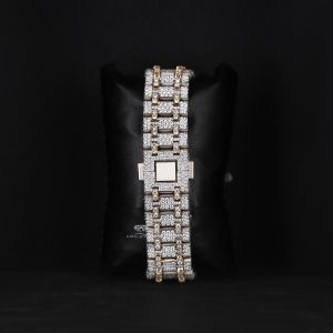 Skeleton Dial Round Case White Yellow Tone Iced Out Moissanite Diamond Watch