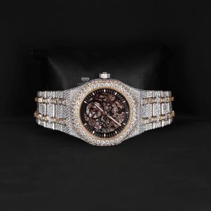 Skeleton Dial Round Case White Yellow Tone Iced Out Moissanite Diamond Watch