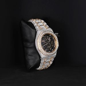 Skeleton Dial Round Case White Yellow Tone Iced Out Moissanite Diamond Watch