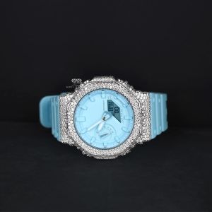 Sky Blue Dial Analog Digital Sport Moissanite Diamond Watch