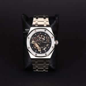 White Tone Iced Out Octagonal Skeleton Automatic Quartz Wrist Watch