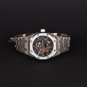 White Tone Iced Out Octagonal Skeleton Automatic Quartz Wrist Watch