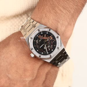 White Tone Iced Out Octagonal Skeleton Automatic Quartz Wrist Watch