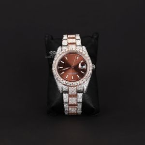 Pav&Eacute; Stainless Steel Bracelet  Two Tone Brown Dial  Diamond Watch
