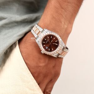 PavÉ Stainless Steel Bracelet  Two Tone Brown Dial  Diamond Watch
