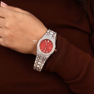 Round Red Dial Two Tone  Rose Gold Diamond Quartz Wrist Watch