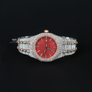 Round Red Dial Two Tone  Rose Gold Diamond Quartz Wrist Watch