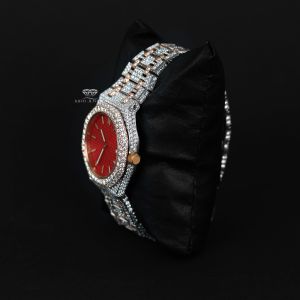 Round Red Dial Two Tone  Rose Gold Diamond Quartz Wrist Watch