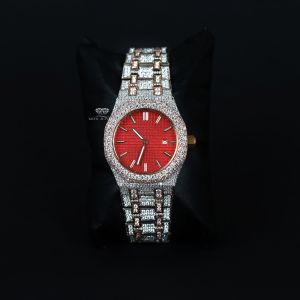 Round Red Dial Two Tone  Rose Gold Diamond Quartz Wrist Watch