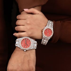 White and Rose Tone Red Dial Diamond Quartz Wrist Watch