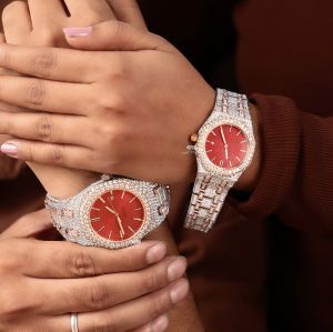 White and Rose Tone Red Dial Diamond Quartz Wrist Watch