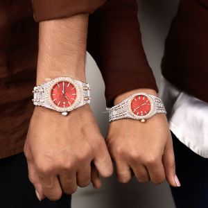 White and Rose Tone Red Dial Diamond Quartz Wrist Watch
