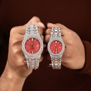 White and Rose Tone Red Dial Diamond Quartz Wrist Watch