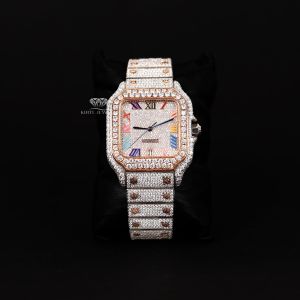 White and Rose Tone Luxury Iced Out Square Rainbow Roman Dial Quartz Watch