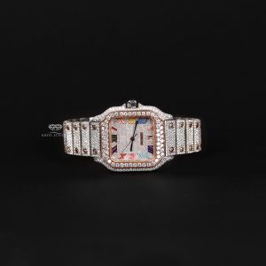 White and Rose Tone Luxury Iced Out Square Rainbow Roman Dial Quartz Watch