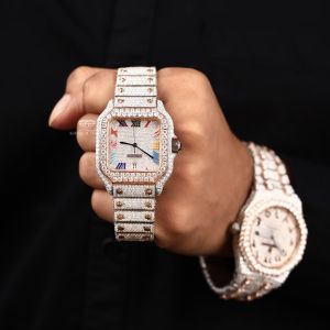 White and Rose Tone Luxury Iced Out Square Rainbow Roman Dial Quartz Watch
