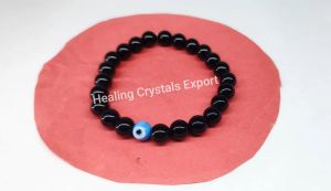 Black Obsidian Beaded Stretch Bracelet with Evil Eye
