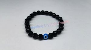 Black Obsidian Beaded Stretch Bracelet with Evil Eye