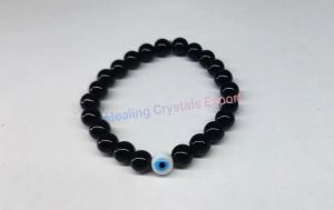 Black Obsidian Beaded Stretch Bracelet with Evil Eye