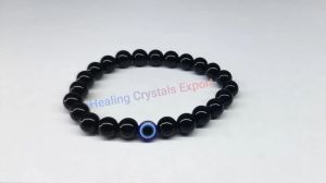 Black Obsidian Beaded Stretch Bracelet with Evil Eye