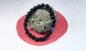 Black Obsidian Beaded Stretch Bracelet with Evil Eye