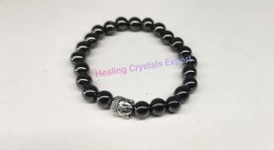 Hematite Beaded Stretch Bracelet with Buddha Head Charm