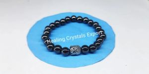 Hematite Beaded Stretch Bracelet with Buddha Head Charm