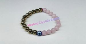 Rose Quartz Pyrite Beaded Stretch Bracelet with Evil Eye