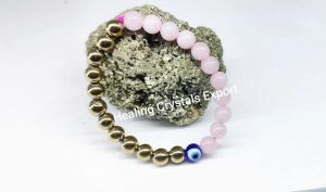 Rose Quartz Pyrite Beaded Stretch Bracelet with Evil Eye