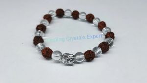 Rudraksha Clear Quartz Beaded Stretch Bracelet with Buddha Head