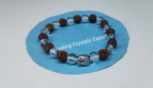 Rudraksha Clear Quartz Beaded Stretch Bracelet with Buddha Head