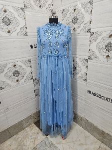 Sky Blue Embellished Long Sleeved Dress