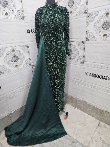 Green Evening Gown with Attached Overskirt