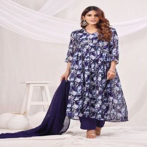 Blue Floral Printed Empire Sequinned Kurta and Pant Set with Dupatta