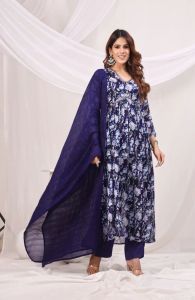 Blue Floral Printed Empire Sequinned Kurta and Pant Set with Dupatta