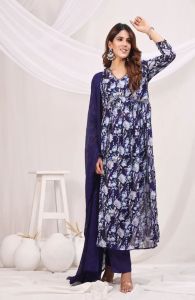 Blue Floral Printed Empire Sequinned Kurta and Pant Set with Dupatta