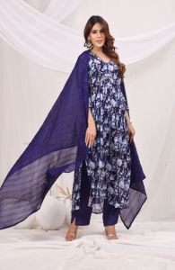 Blue Floral Printed Empire Sequinned Kurta and Pant Set with Dupatta