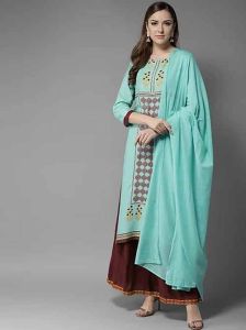 Bluish Green Printed Rayon Plazoo Kurti Set
