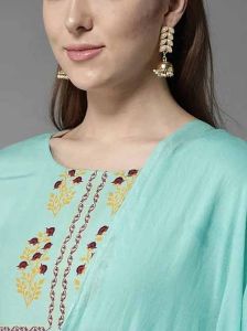 Bluish Green Printed Rayon Plazoo Kurti Set