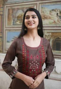 Brown Printed Ladies Rayon Kurti Pant Set