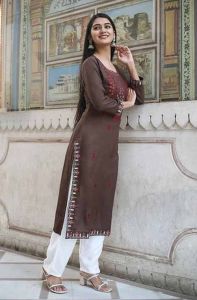 Brown Printed Ladies Rayon Kurti Pant Set