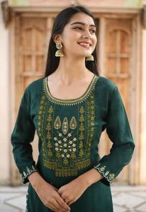 Green Embroidered Kurti Pant Set