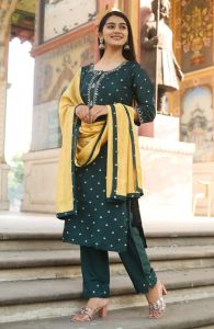 Green  Polka Dots Embroidered Kurta with Trousers & Dupatta