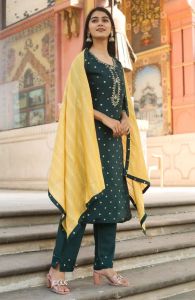 Green  Polka Dots Embroidered Kurta with Trousers & Dupatta